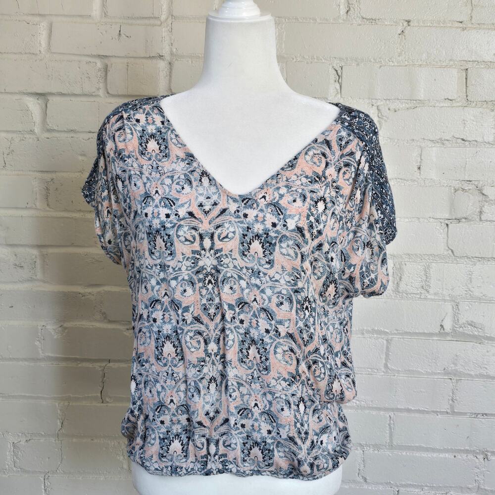 Lucky Brand Bohemian  Blue Pink Paisley V-Neck Dolman Top┃Coastal Cowgirl Medium